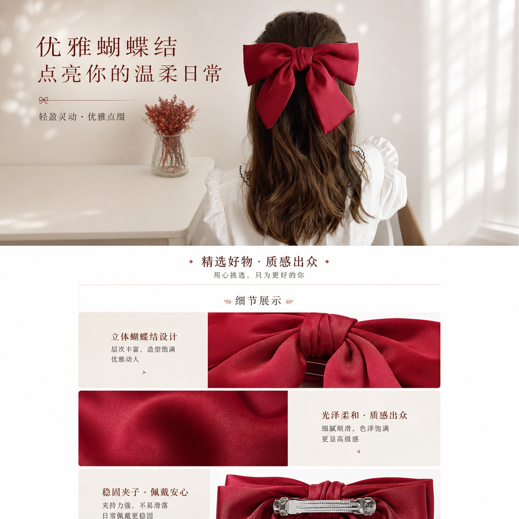 红色蝴蝶结香蕉夹鸭嘴夹卡通发夹仿真丝素色发箍详情1