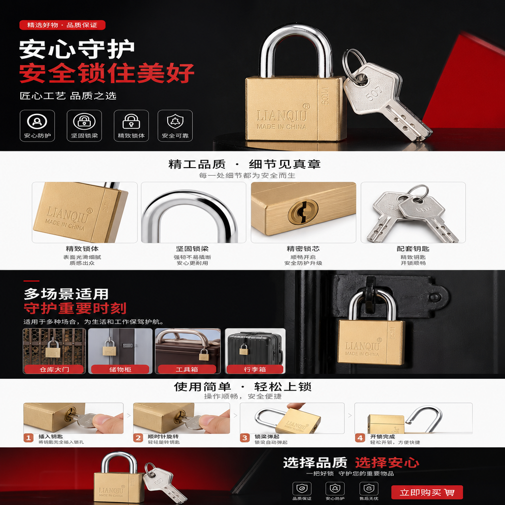 挂锁 锁具 防锈铜芯挂锁 40mm加厚锁体 户外仓库专用详情1