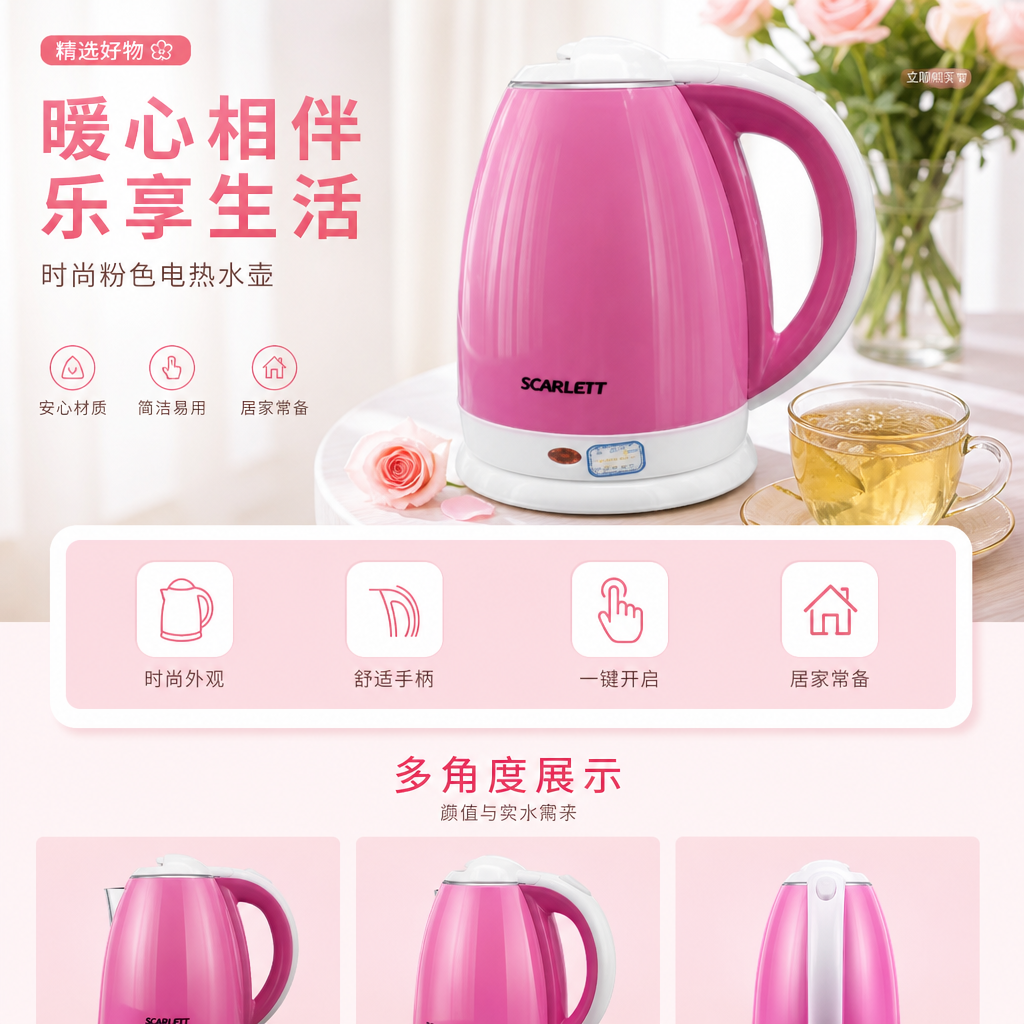 粉色电水壶 家用快速烧水壶 1.5L大容量自动断电安全电水壶详情1