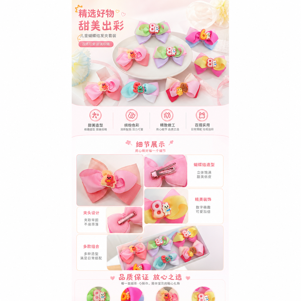 彩色蝴蝶结发饰 丝绒材质 女童日常穿搭头饰详情1