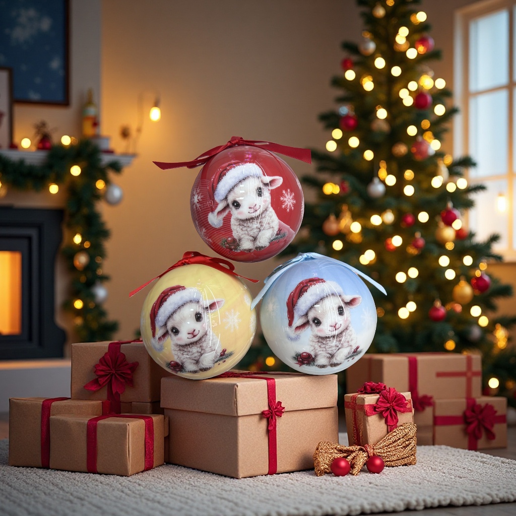 Christmas lamb pattern glass decorative balls, holiday hanging decorations and home ornaments details Picture
