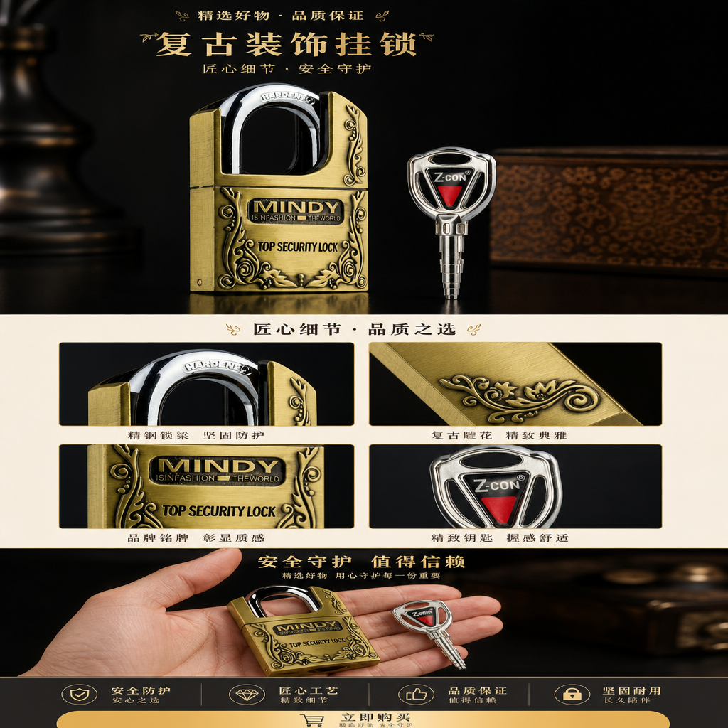 金色挂锁配银色钥匙 挂锁钥匙套装 家用防盗锁具详情1