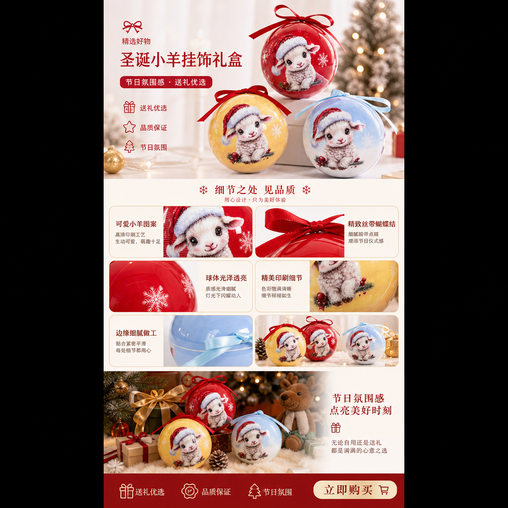 圣诞小羊图案玻璃装饰球 节日挂饰家居摆件详情1