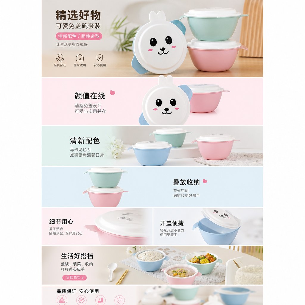 可爱兔子图案儿童餐盒便携式环保PP材质午餐盒饭盒保鲜盒塑料详情1