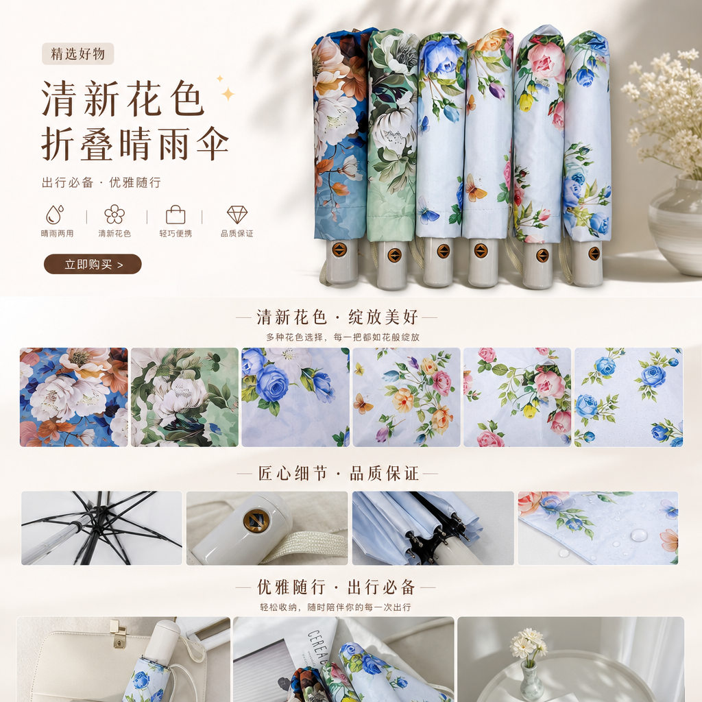 Floral pattern all-weather umbrella, waterproof, sun-proof, lightweight and foldable, suitable for both women and men pic 1