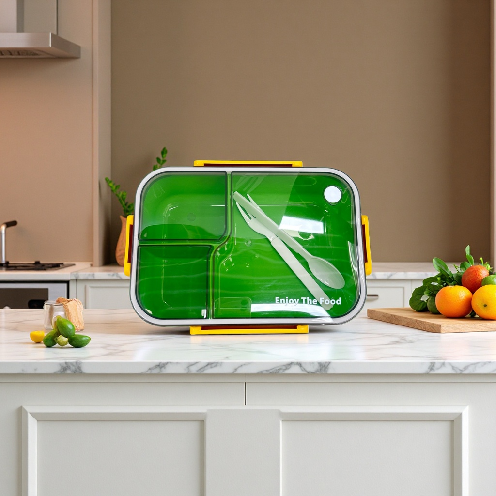 The eco-friendly green lunch box is made of food-grade PP material and can be used in a microwave oven. It is a portable sealed box