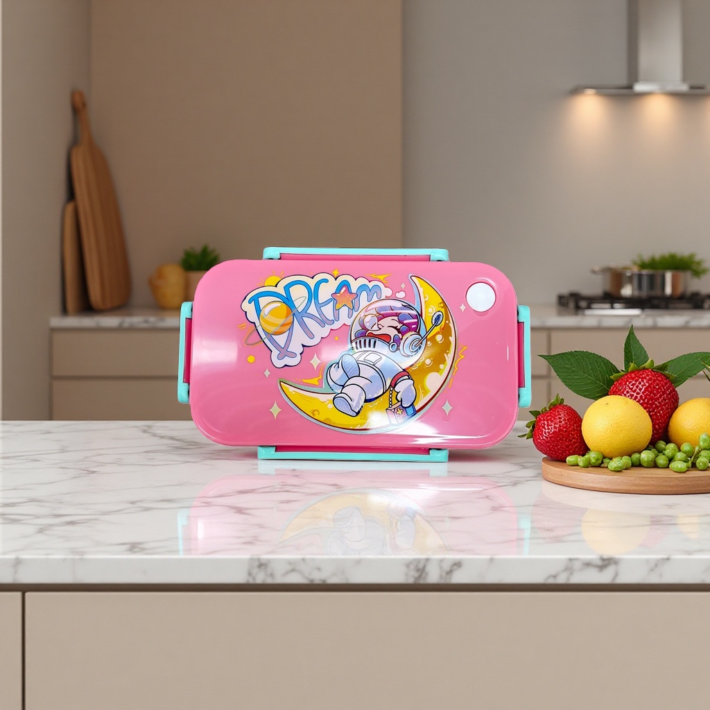Pink cartoon DREAM astronaut storage box with plastic strap and light blue handle, ground storage, organization and preservation box details Picture