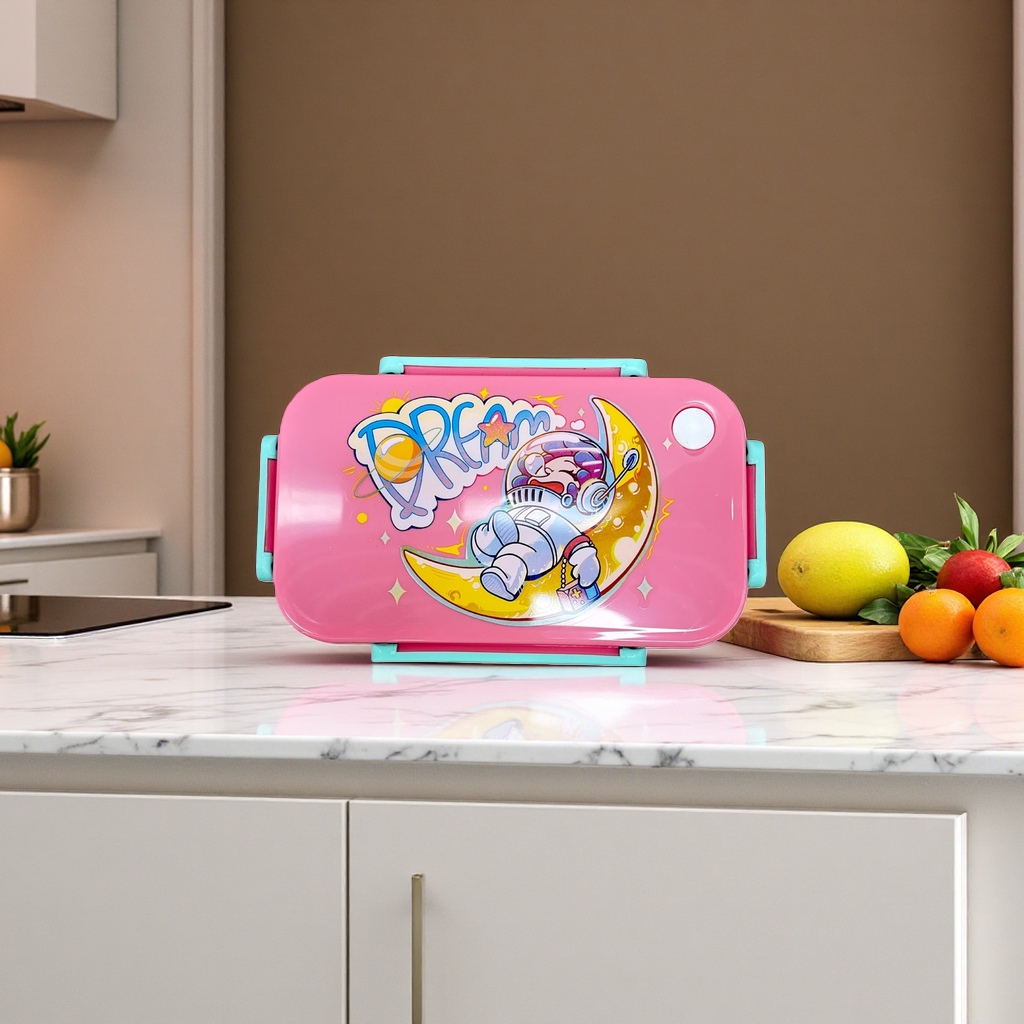 Pink cartoon DREAM astronaut storage box with plastic strap and light blue handle, ground storage, organization and preservation box