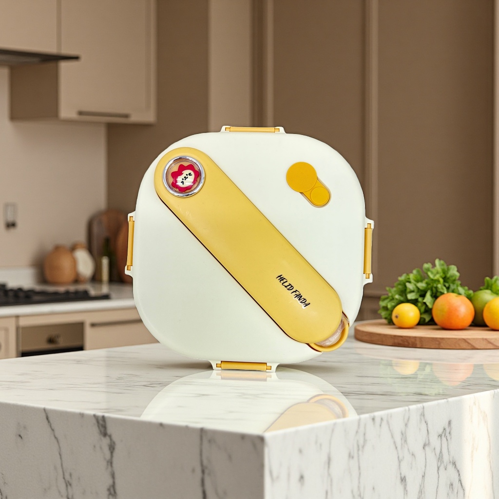 This three-layer insulated lunch box comes with a spoon and can be heated in the microwave. It is a portable lunch box