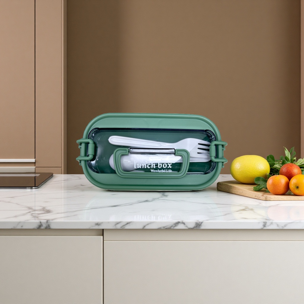 The green bento box is made of food-grade PP material with a sealing ring to prevent leakage and can be heated in the microwave
