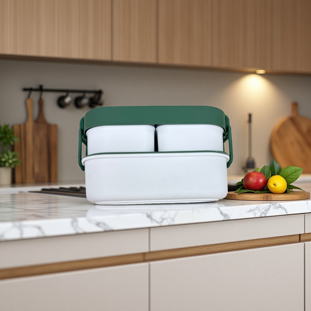 The green bento box is made of food-grade PP material with a sealing ring to prevent leakage and can be heated in the microwave Application Scenario
