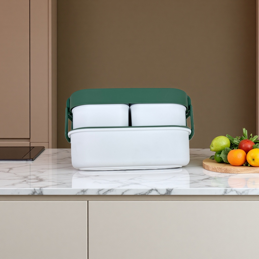 The green bento box is made of food-grade PP material with a sealing ring to prevent leakage and can be heated in the microwave Specification image