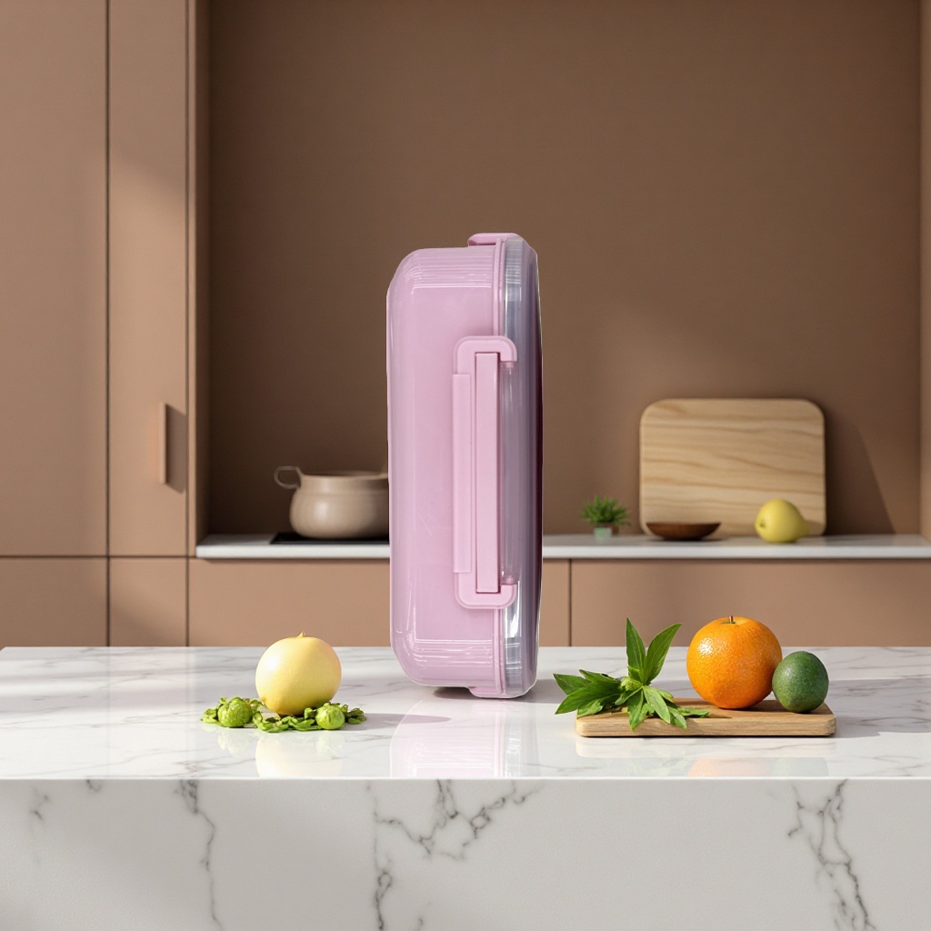 The pink bento box is designed with compartments to prevent leakage and is a portable lunch box Specification image