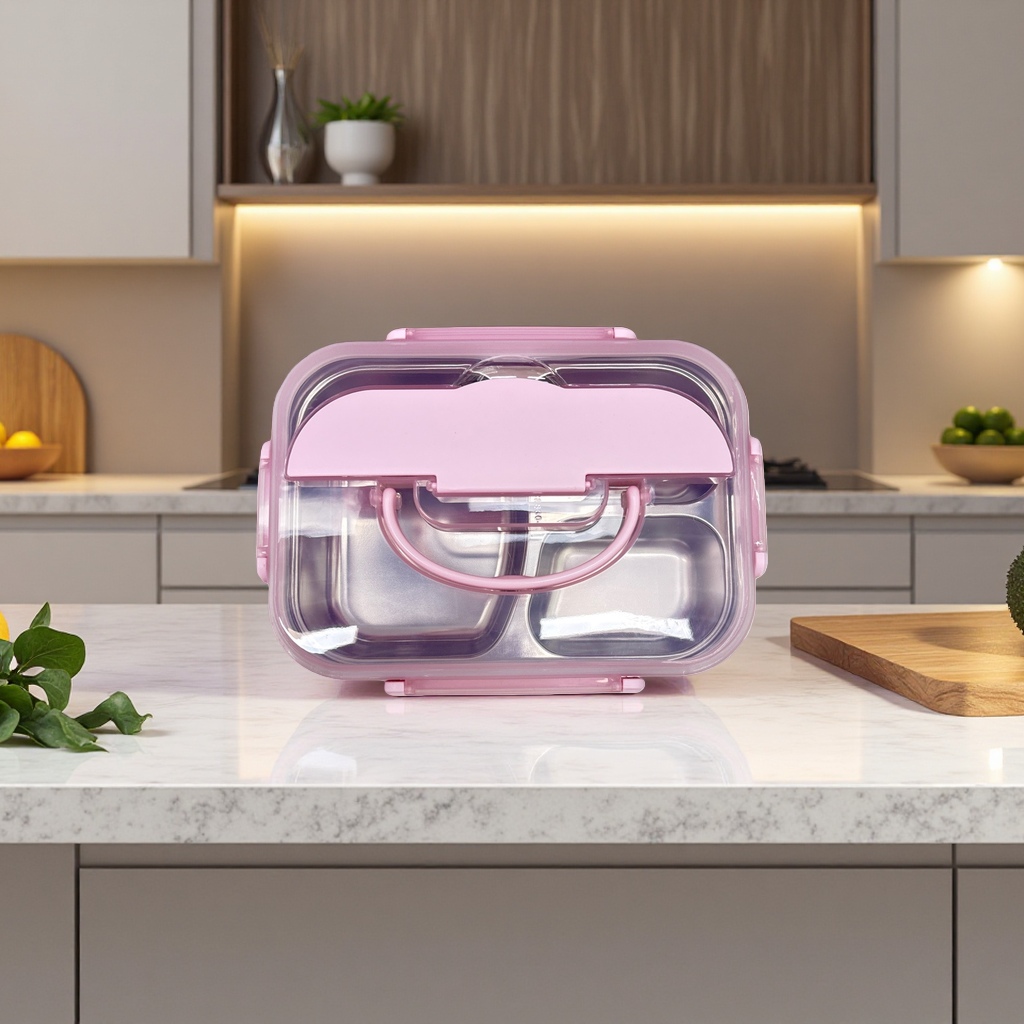 The pink bento box is designed with compartments to prevent leakage and is a portable lunch box details Picture