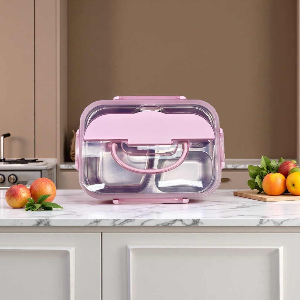 The pink bento box is designed with compartments to prevent leakage and is a portable lunch box