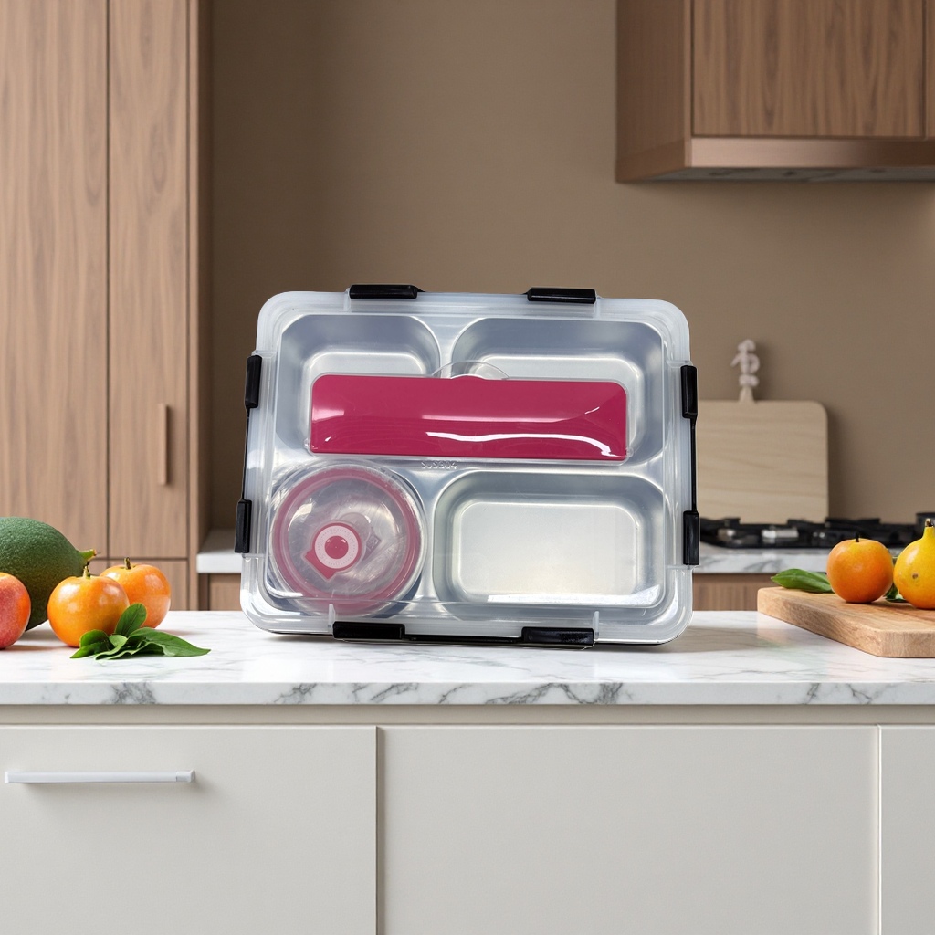 Three-layer insulated lunch box with spoon, microwave heating portable lunch box 122049873