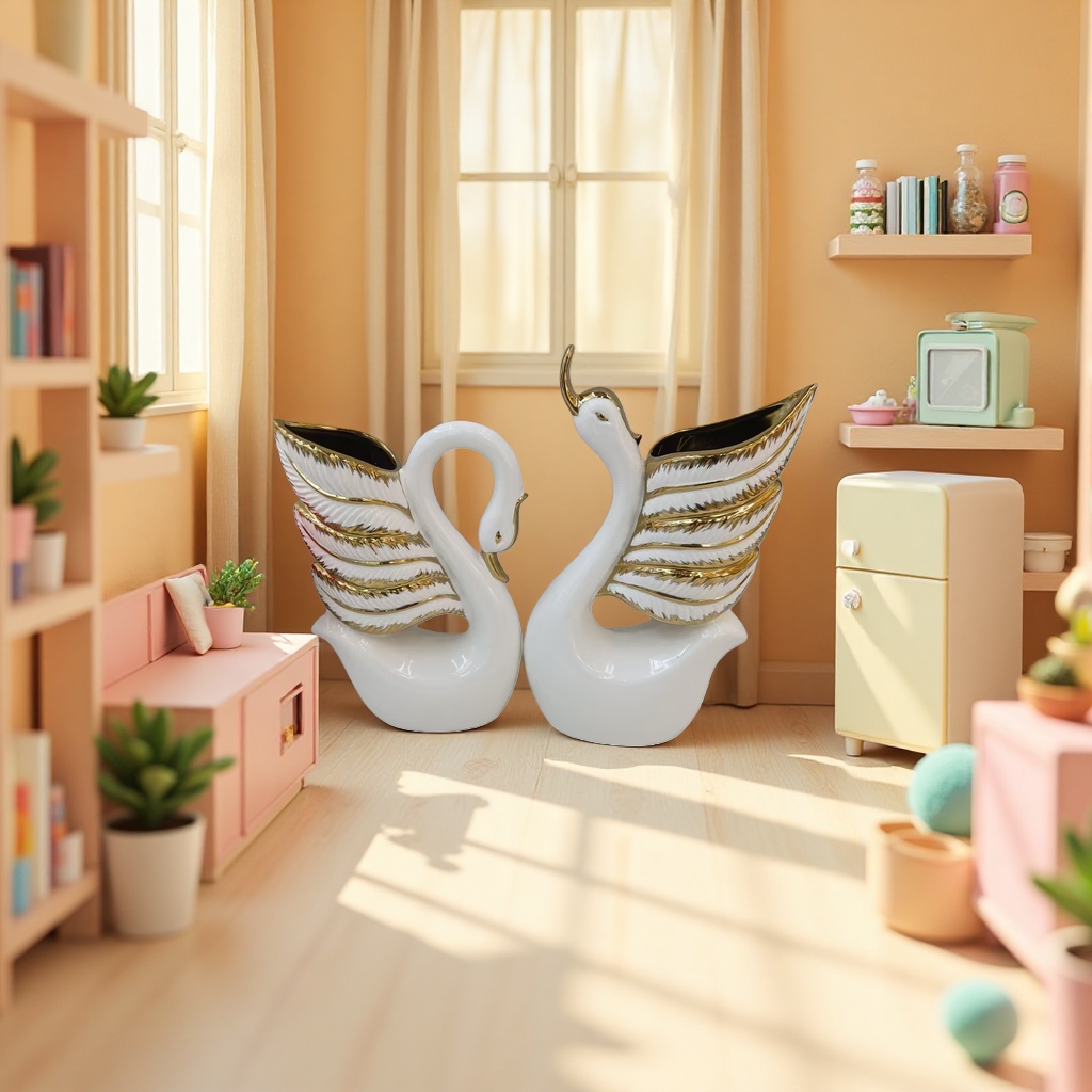 A white ceramic swan-shaped vase for home living room decoration details Picture
