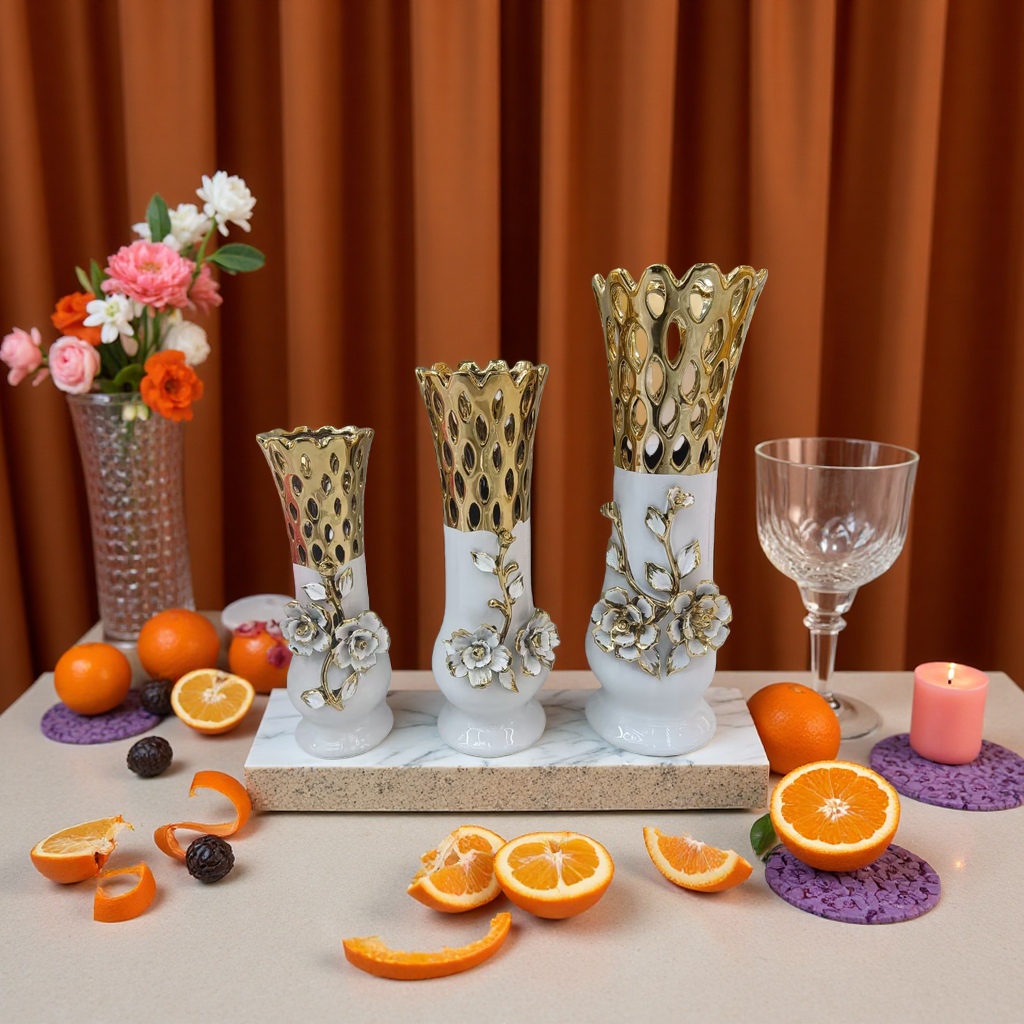 Three white base and golden hollowed-out top decorative vases Application Scenario