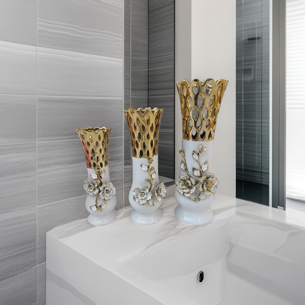 Three white base and golden hollowed-out top decorative vases Specification image