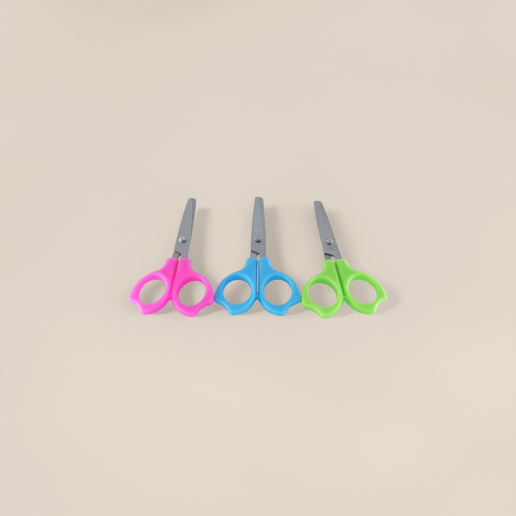 Student-specific colored plastic handle scissors with a safe round head design are portable stationery Specification image