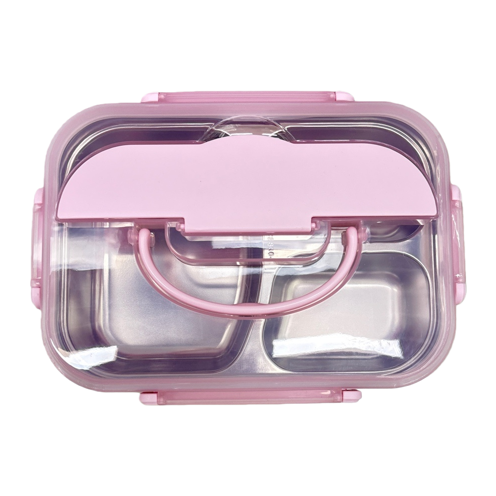 The pink bento box is designed with compartments to prevent leakage and is a portable lunch box Item Picture
