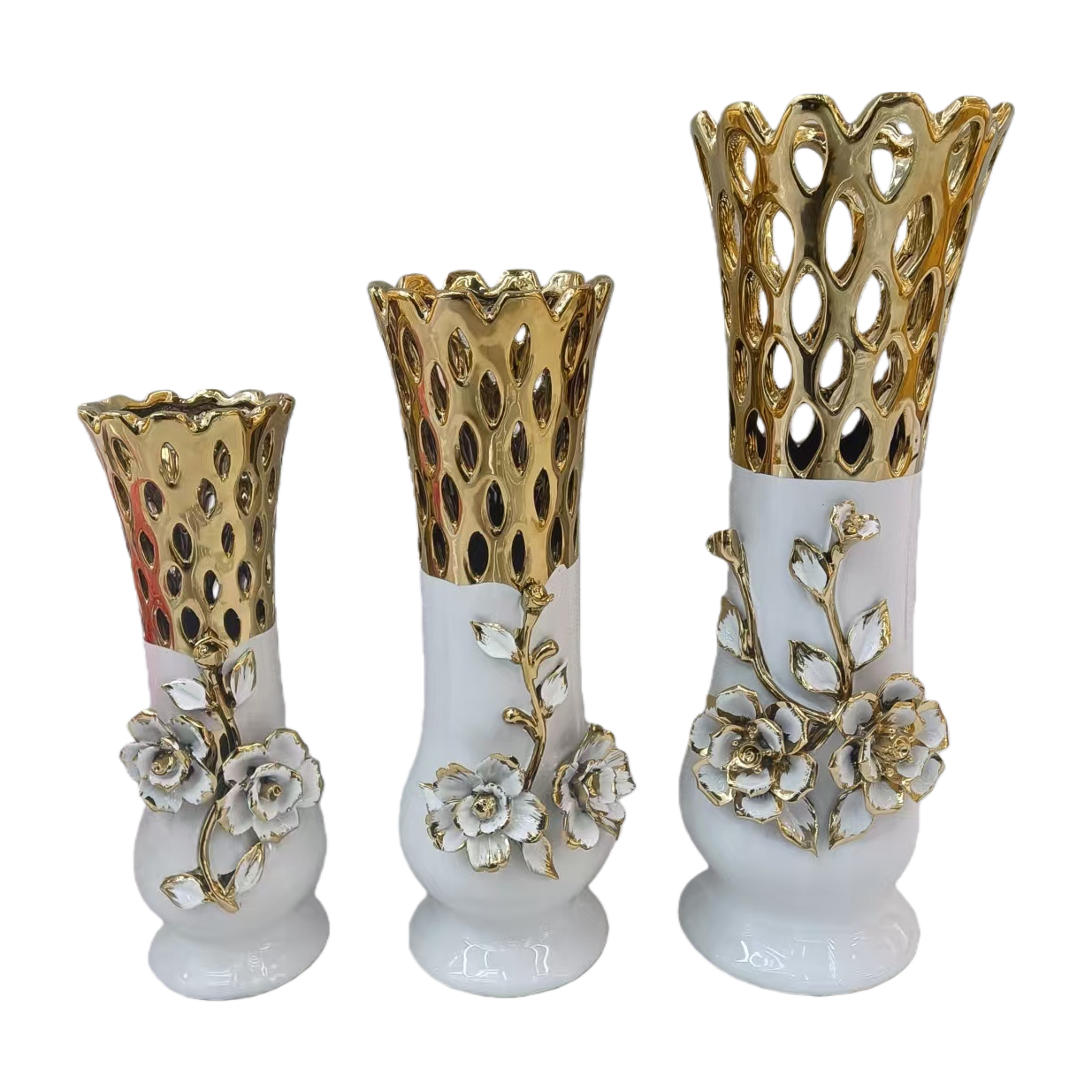 Three white base and golden hollowed-out top decorative vases Item Picture