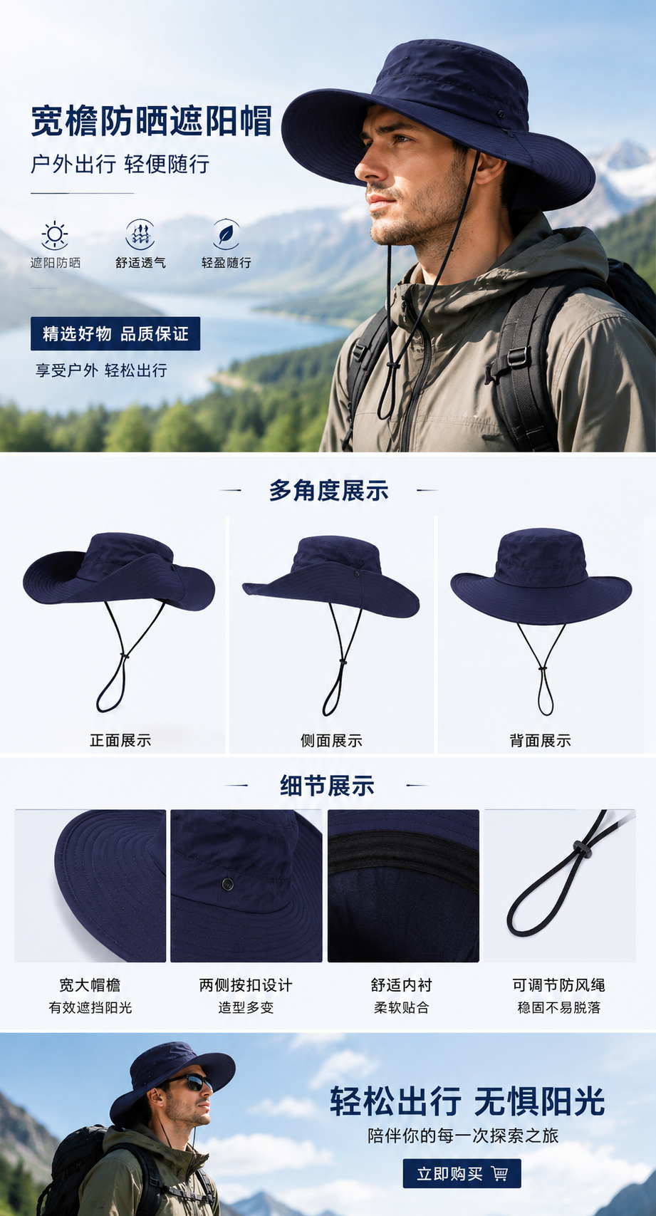 藏青色男士休闲棒球帽 韩版百搭遮阳防晒可调节详情1
