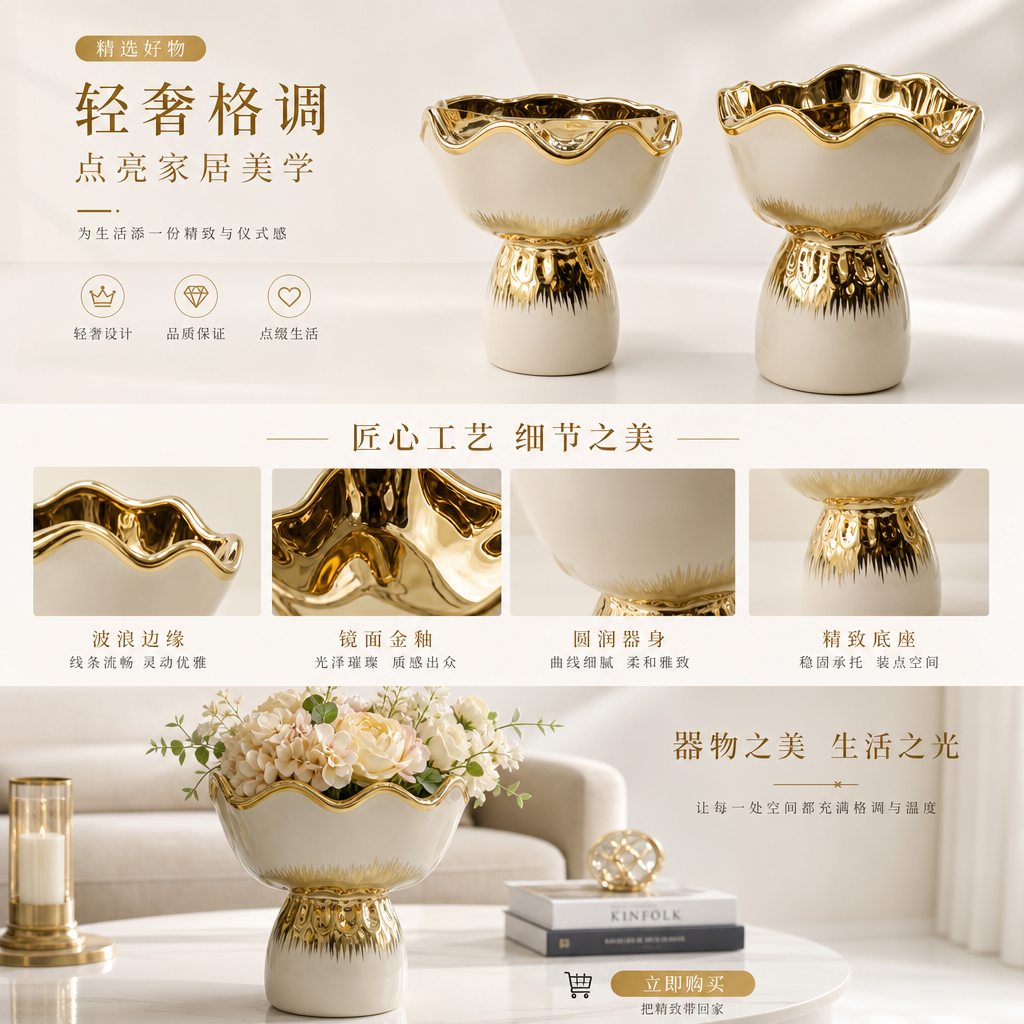 A large golden-edged ceramic flowerpot for living room and balcony decoration, suitable for growing succulent green plants pic 1