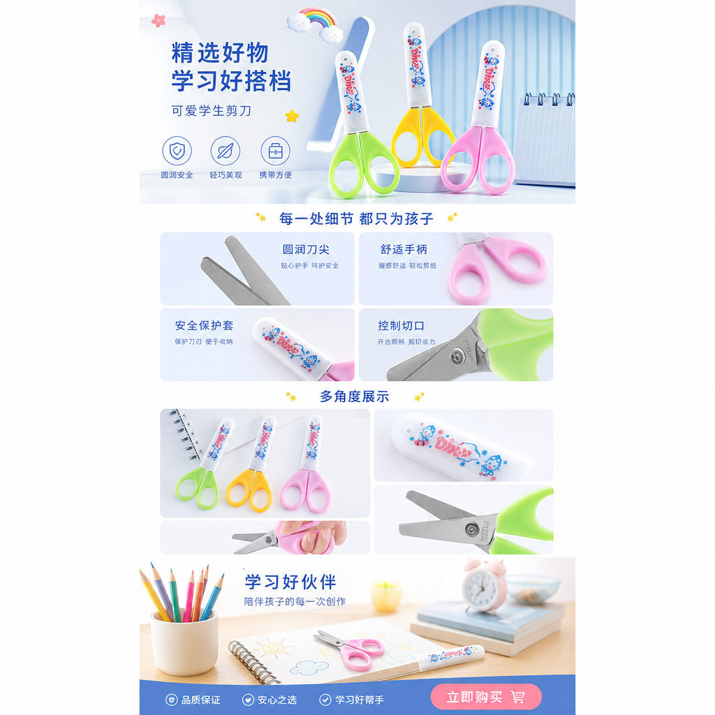 Student stationery scissors, 18cm round head safety scissors, made of 304 stainless steel pic 1