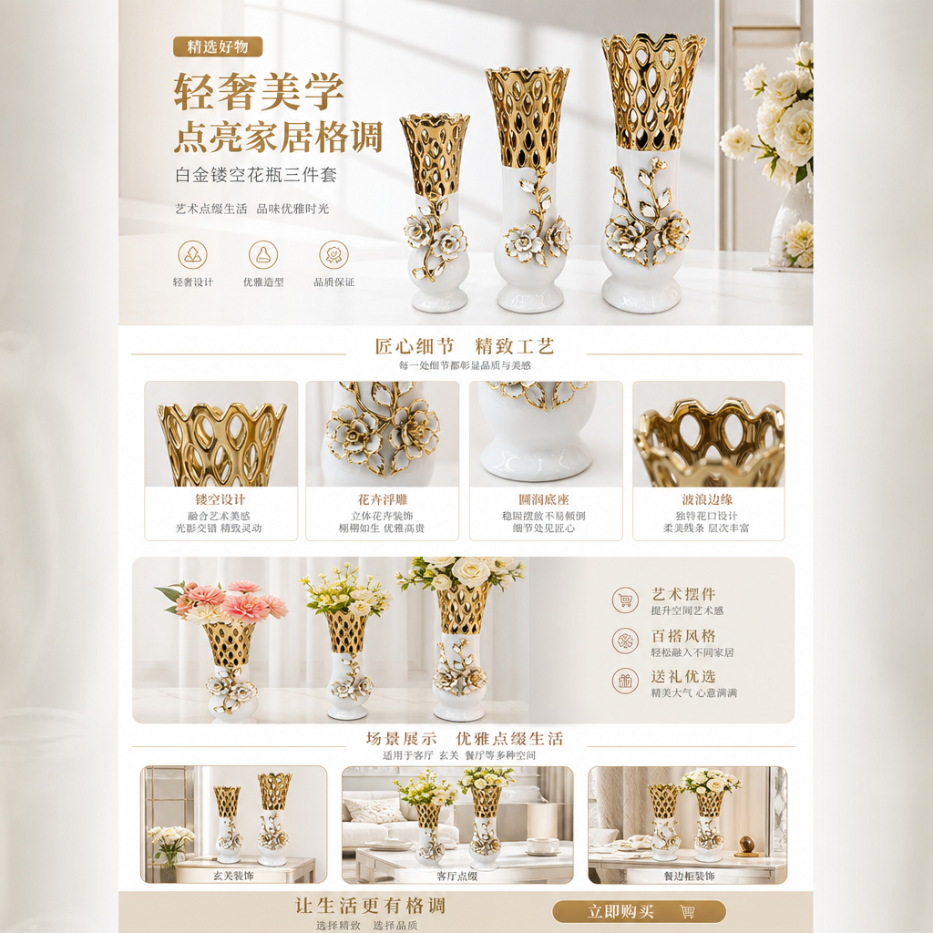 Three white base and golden hollowed-out top decorative vases pic 1