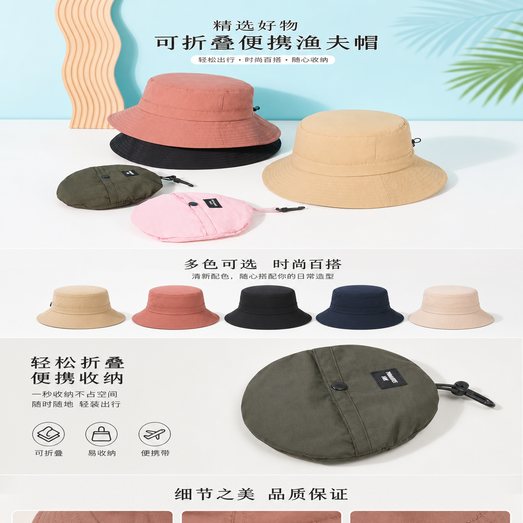 渔夫帽 夏季防晒遮阳帽子 男女同款可调节软顶休闲帽详情1