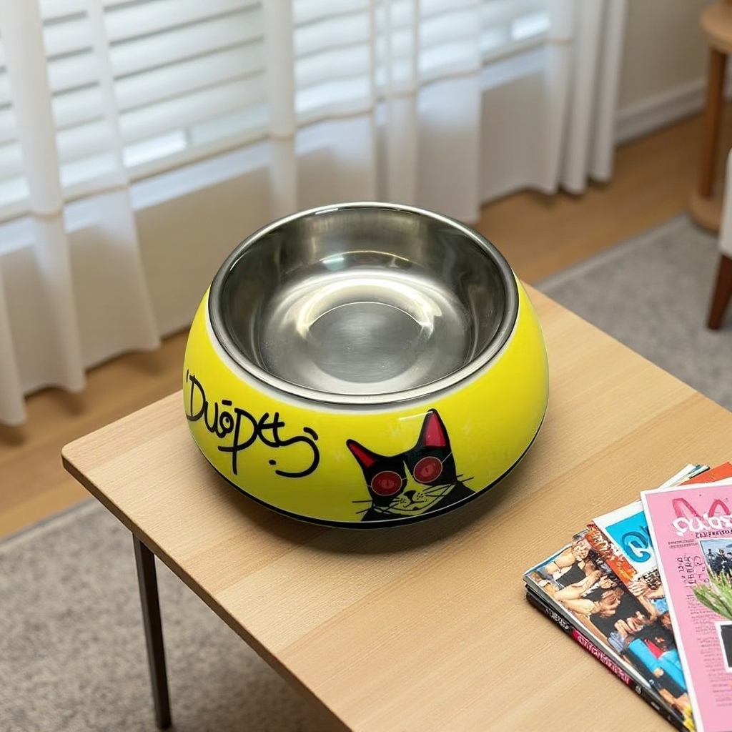 黄色猫碗 宠物食盆 猫用不锈钢碗 防滑底设计 家用喂食碗