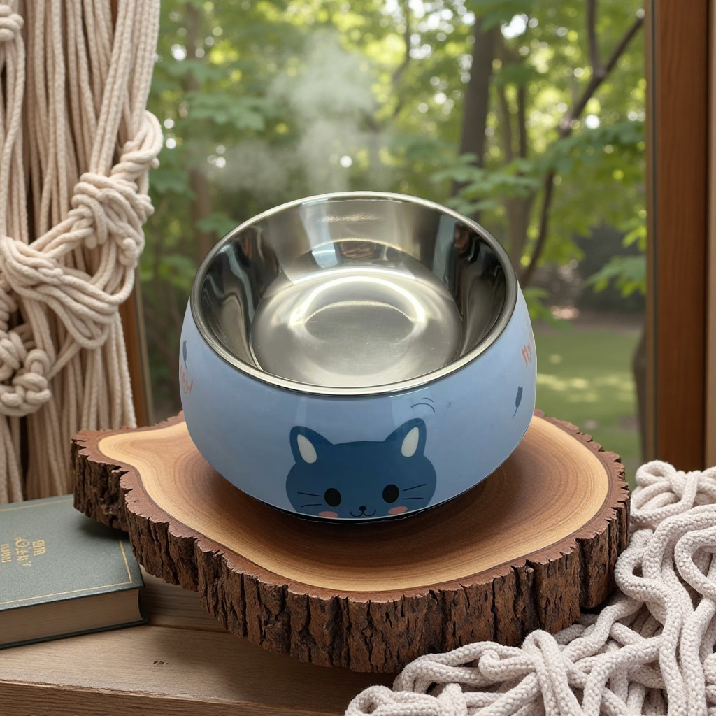 蓝色猫咪图案宠物碗 不锈钢防滑狗猫食盆 可爱萌宠喂食器