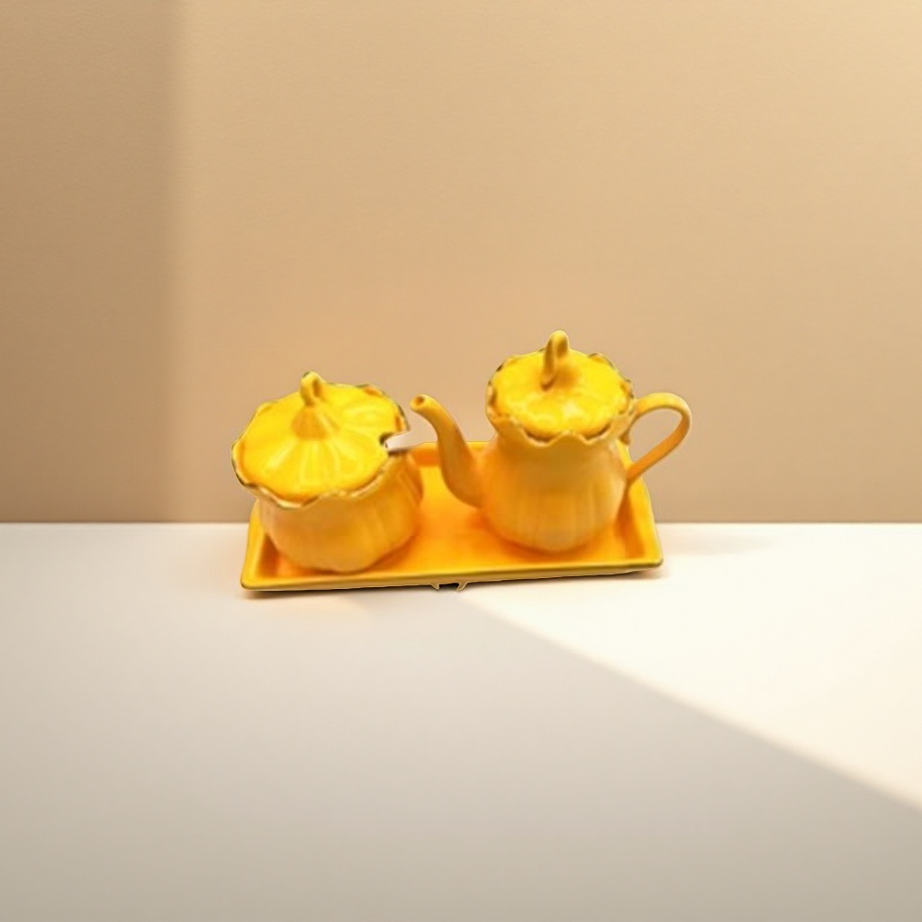 A cute and creative yellow pumpkin-shaped ceramic tea set for home use, featuring a combination of teapots and cups Application Scenario