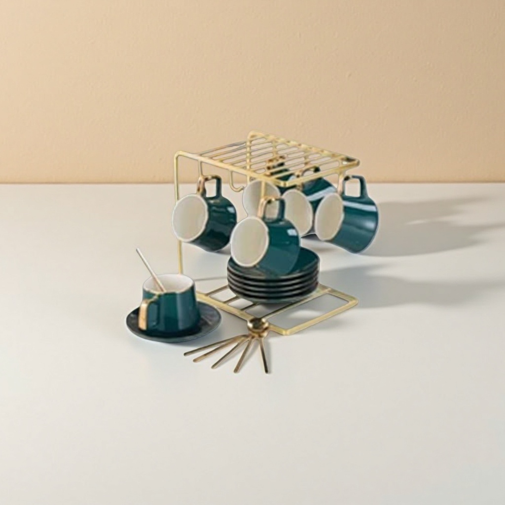 Gold metal cup holder con tazas y platos set de café y té hogar soporte de almacenamiento details Picture