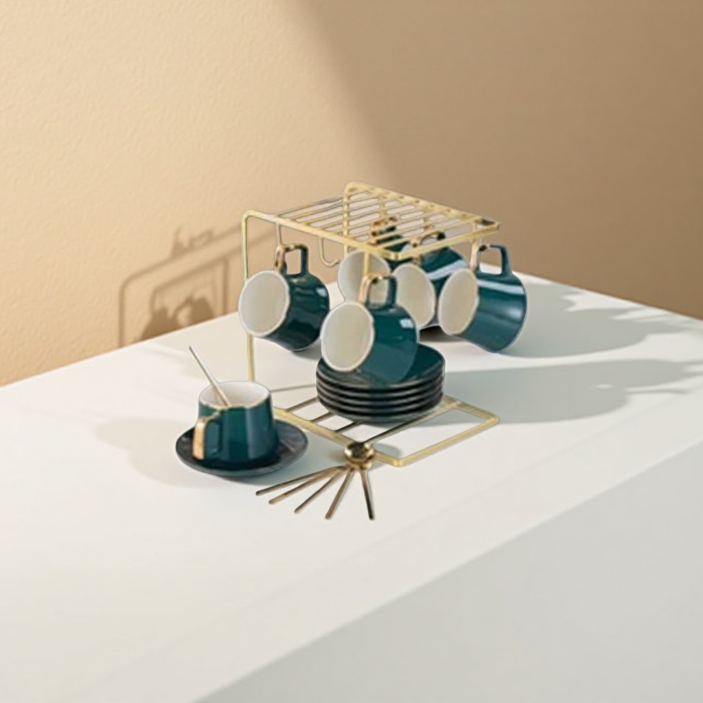 Gold metal cup holder con tazas y platos set de café y té hogar soporte de almacenamiento Specification image