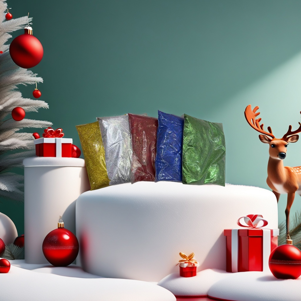 Five bags of colored glitter in gold, silver, red, blue and green, transparent plastic bags with metal surfaces for display details Picture
