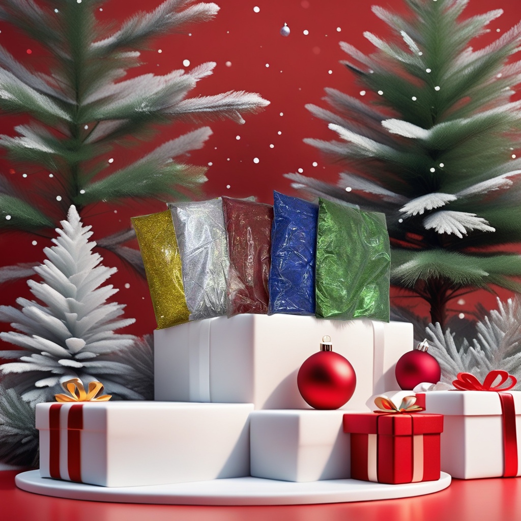 Five bags of colored glitter in gold, silver, red, blue and green, transparent plastic bags with metal surfaces for display