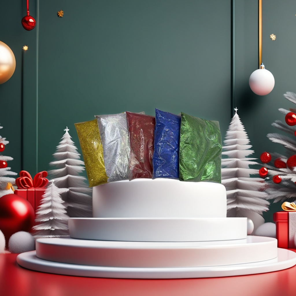 Five bags of colored glitter in gold, silver, red, blue and green, transparent plastic bags with metal surfaces for display Specification image