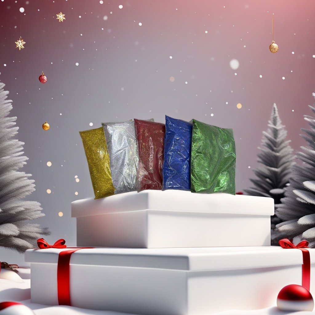 Five bags of colored glitter in gold, silver, red, blue and green, transparent plastic bags with metal surfaces for display Application Scenario