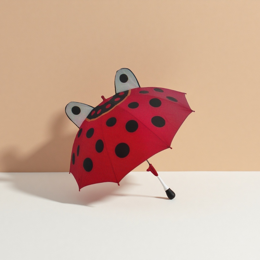 A red ladypest-shaped umbrella with black dots is waterproof, sun-proof, and suitable for both sunny and rainy days. It is portable and foldable