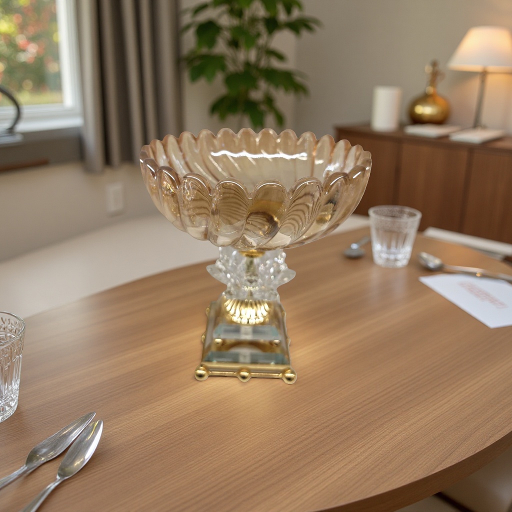 Light luxury crystal glass fruit plate, European-style high-end living room coffee table, fruit plate with creative petal-shaped high legs details Picture