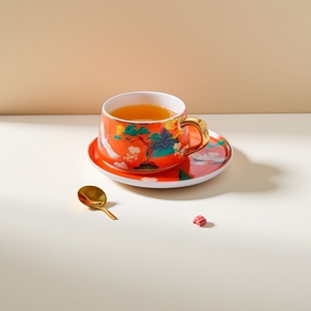 红色花纹茶杯+茶杯细节图