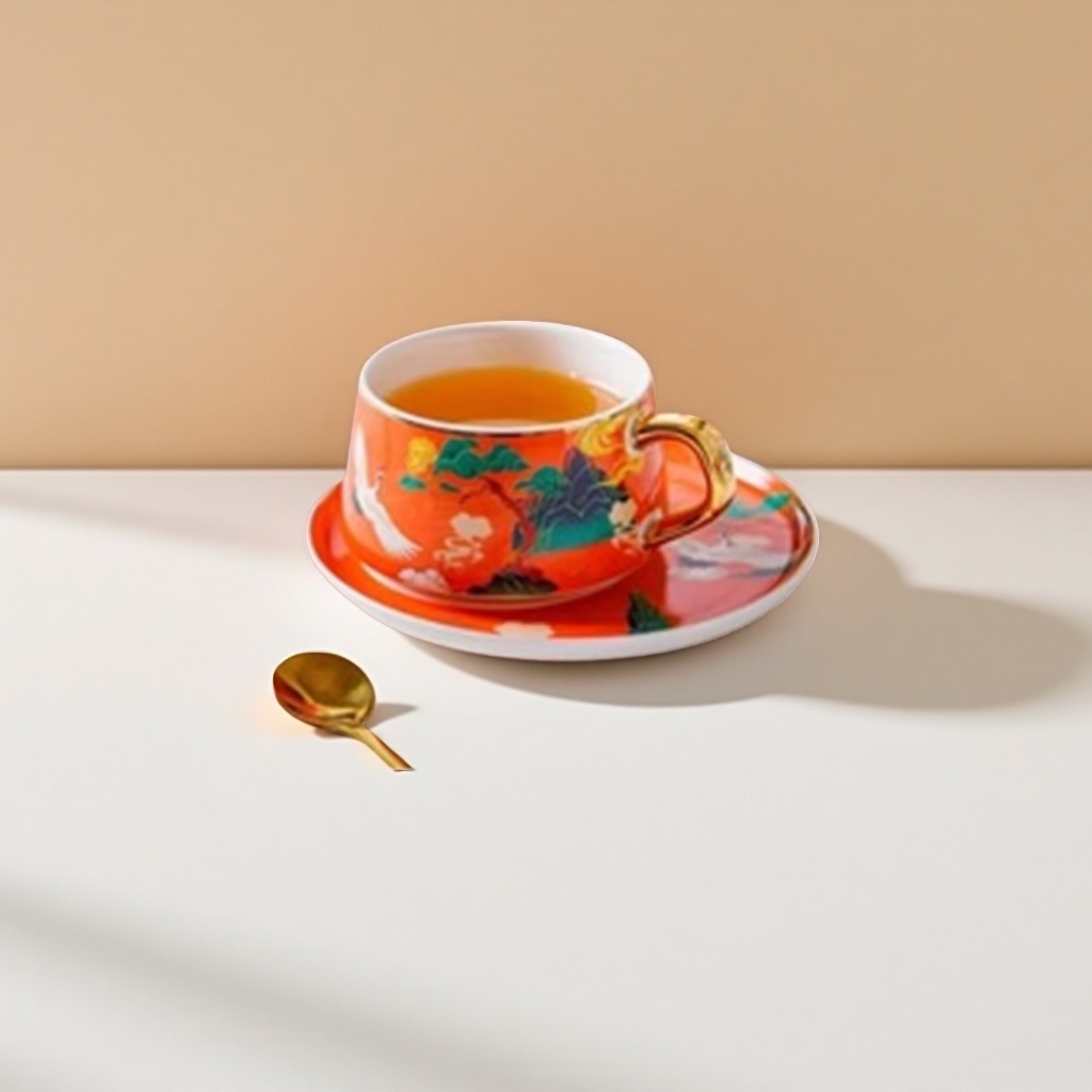 红色花纹陶瓷茶杯 350ml 家用办公泡茶杯 高温釉面防烫图