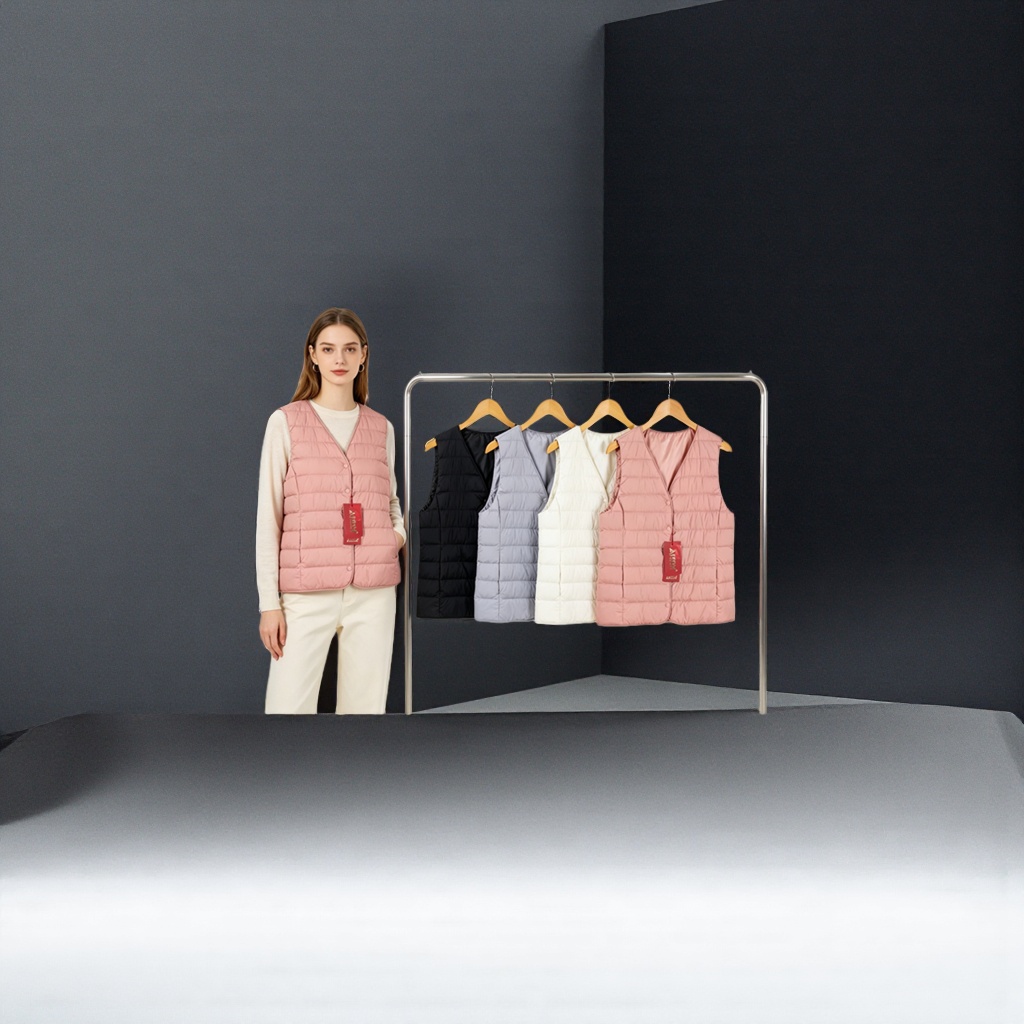 Pink, black, grey and white down vest model display hanger universal style Application Scenario
