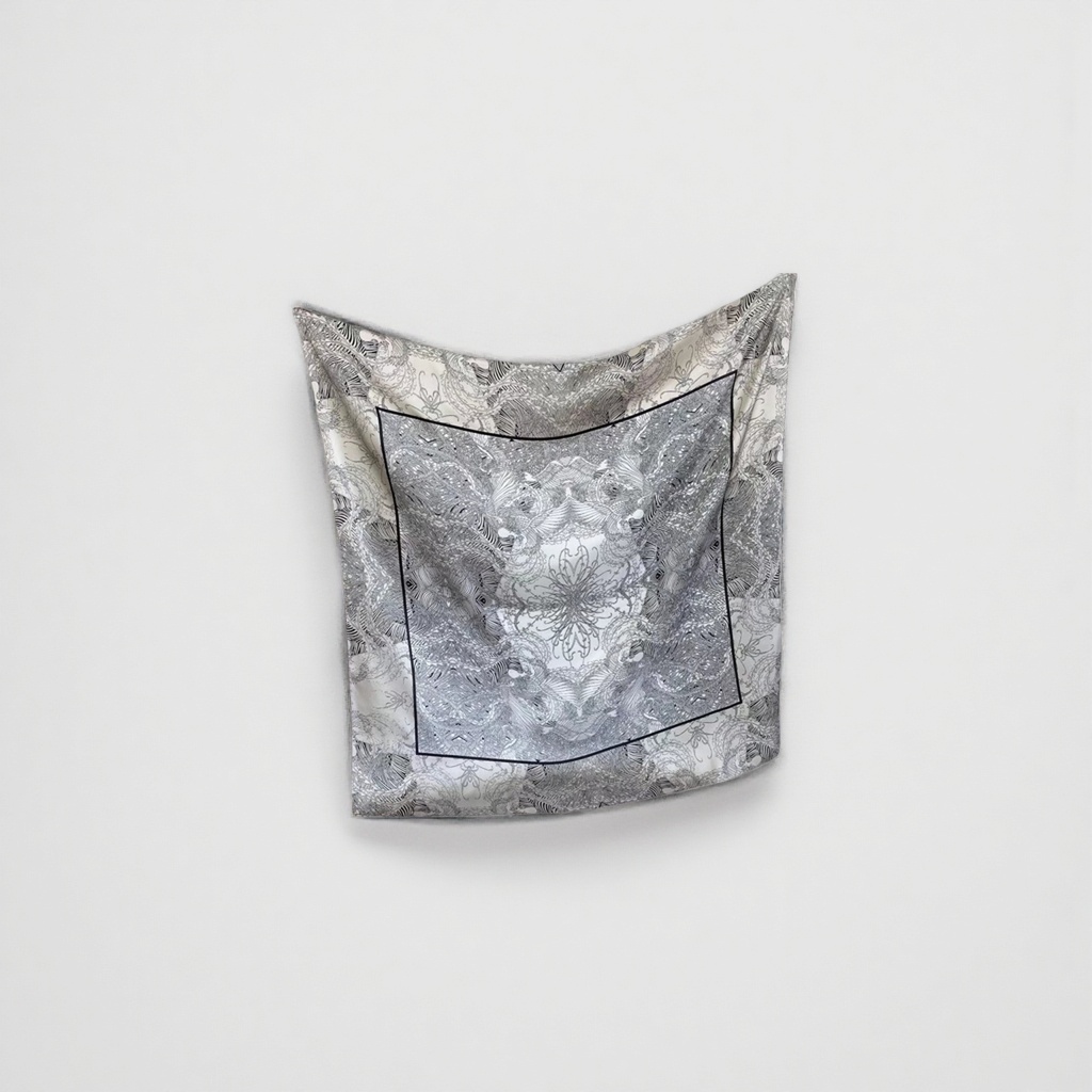 Black and white pattern silk scarf for women's spring and summer scarf accessories, 90cm×90cm Application Scenario
