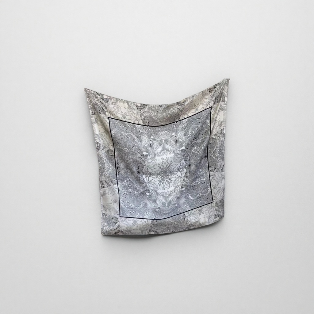Black and white pattern silk scarf for women's spring and summer scarf accessories, 90cm×90cm details Picture