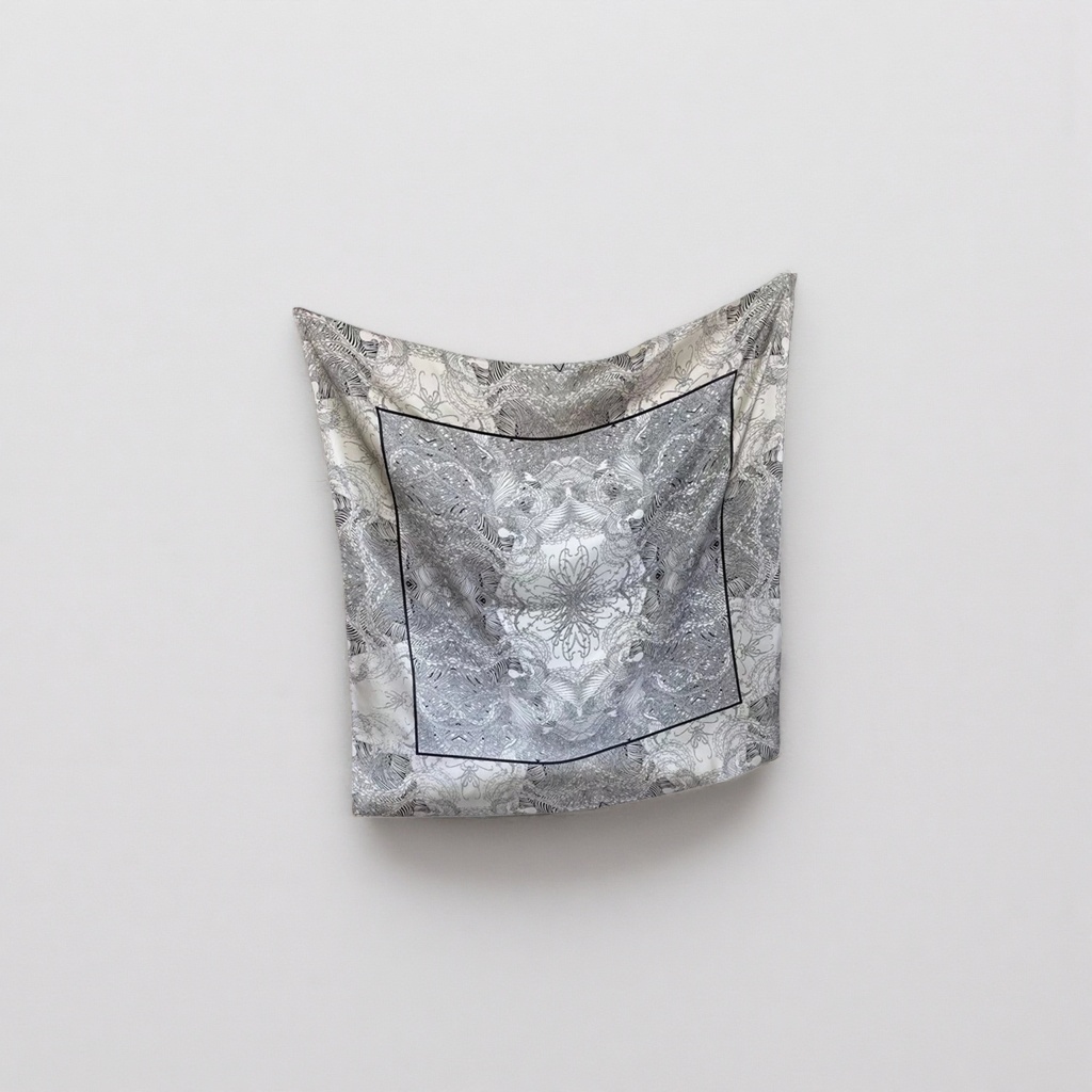 Black and white pattern silk scarf for women's spring and summer scarf accessories, 90cm×90cm Specification image