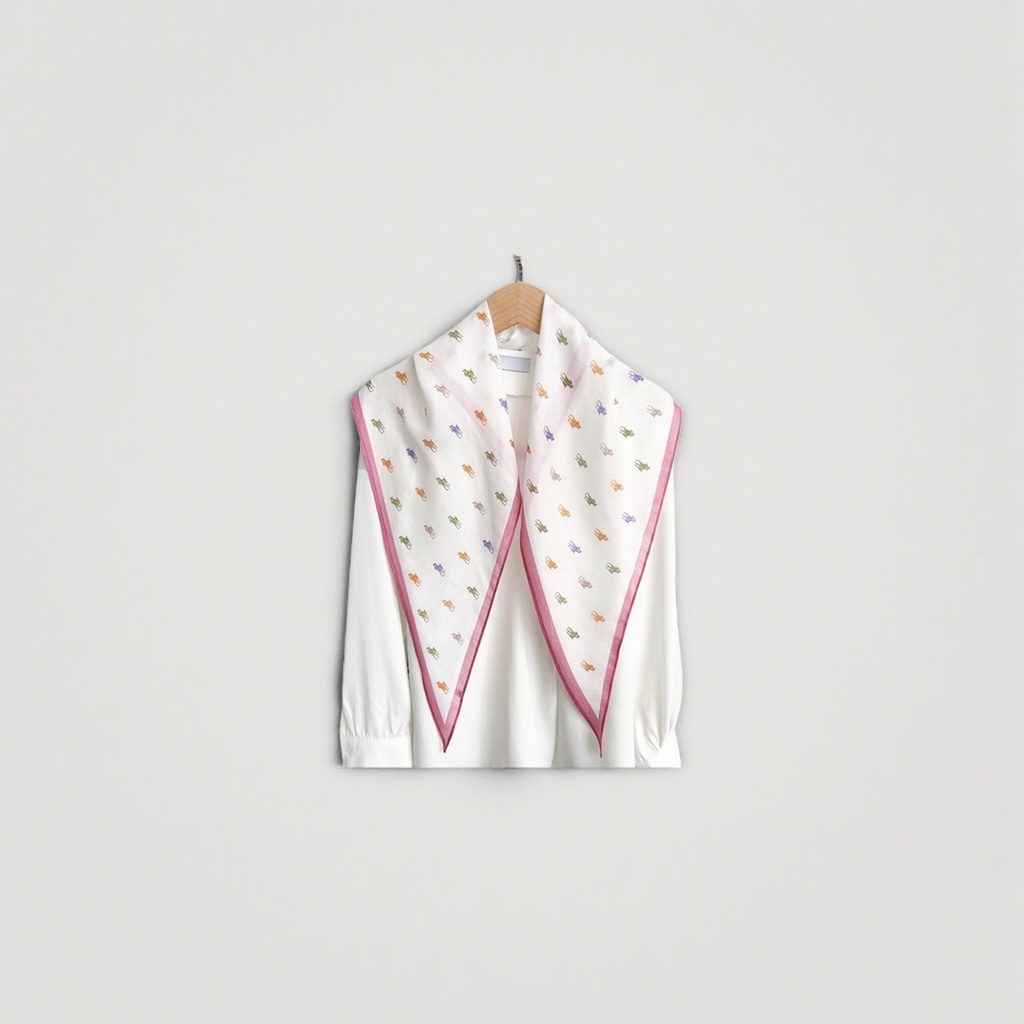 Silk scarf with printed patterns, square scarf, sun protection ribbon and scarf accessories details Picture