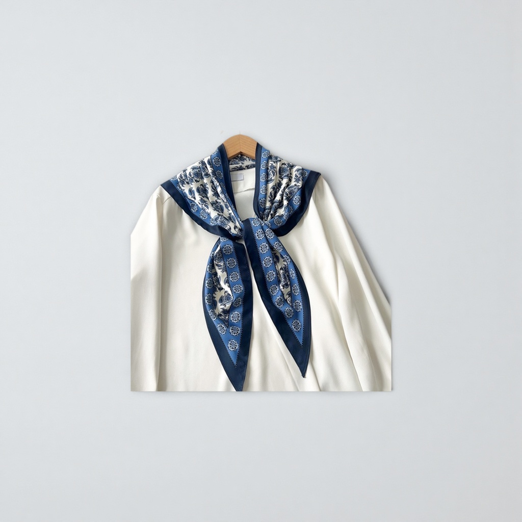This blue-patterned silk scarf is a lightweight, breathable and versatile spring and summer scarf for women Application Scenario